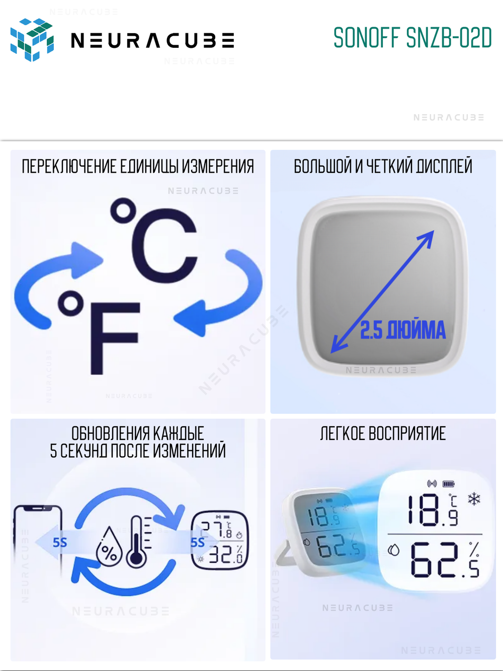 Умный ZigBee Датчик температуры и влажности с дисплеем SONOFF SNZB-02D (Работает с Яндекс Алисой)