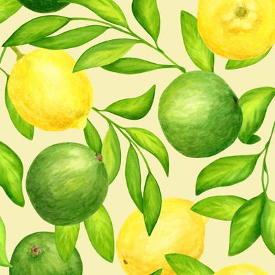 Сочные цитрусы. Акварельные лаймы и лимоны на бежевом фоне