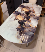 Стол раздвижной стеклянный подстолье прямое хром Царг.пояс белый Ст-ца мрамор 4 белый ф/п