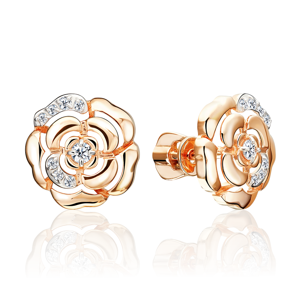 Серьги-пусеты «Камелии» из красного золота с фианитами