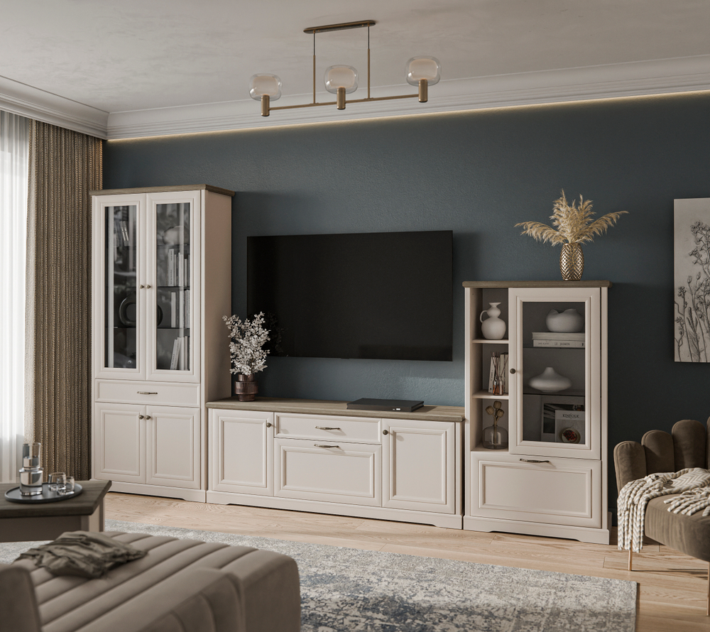 TOSCANA NEW, Шкаф с витриной 1V1D3N. Цвет ПЕРСИДСКИЙ ЖЕМЧУГ/КАНЬОН