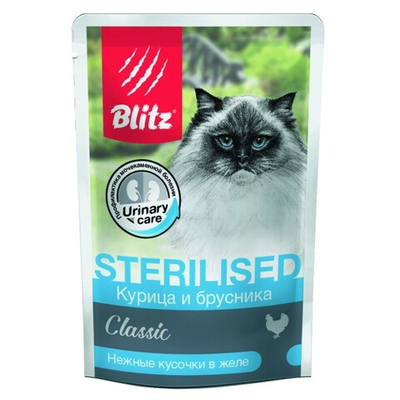 Blitz Classic консервы для кошек стерилизованных с курицей и брусникой в желе 85 г пакетик (Sterilised)