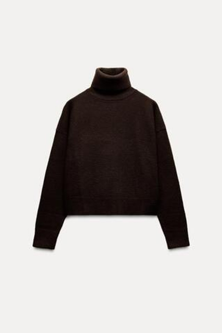 ZARA ОДНОТОННЫЙ СВИТЕР С ВЫСОКИМ ВОРОТНИКОМ, КОРИЧНЕВЫЙ