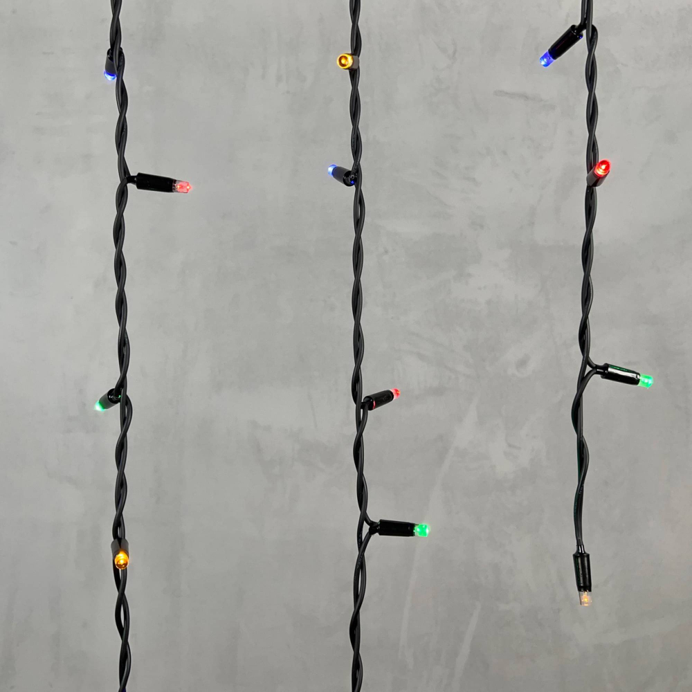 Светодиодная бахрома с колпачком 3,2*0,9 м., 168 разноцветных LED ламп, каучуковый черный провод, LTC (LL168-1-2M)