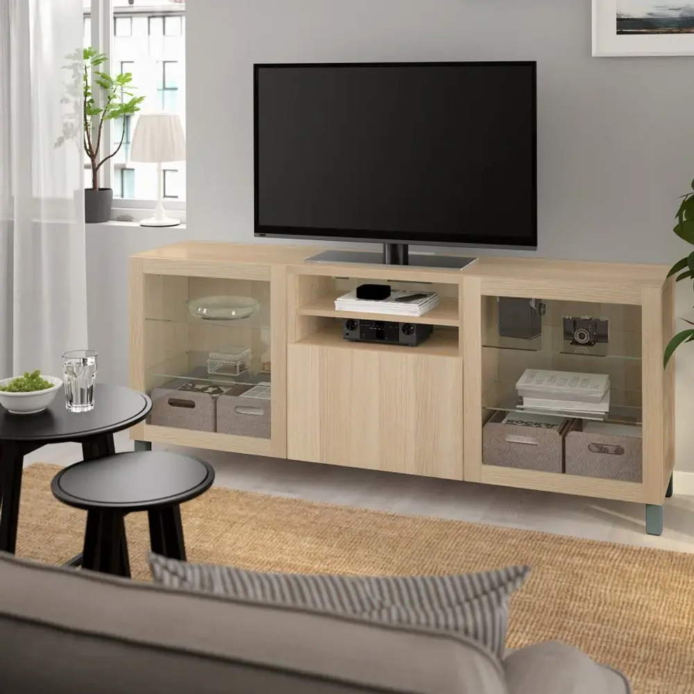 Тумба под ТВ с ящиками - IKEA BESTÅ/BESTA/БЕСТО ИКЕА, 42х74х180 см, под беленый дуб