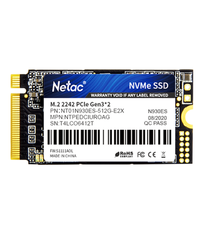 Ssd накопитель Netac SSD N930ES 512GB PCIe 3 x2 M.2 2242 NVMe 3D NAND, R/W up to 1650/1500MB/s, IOPS(R4K) 180K/200K, TBW 300TB, 3y wty