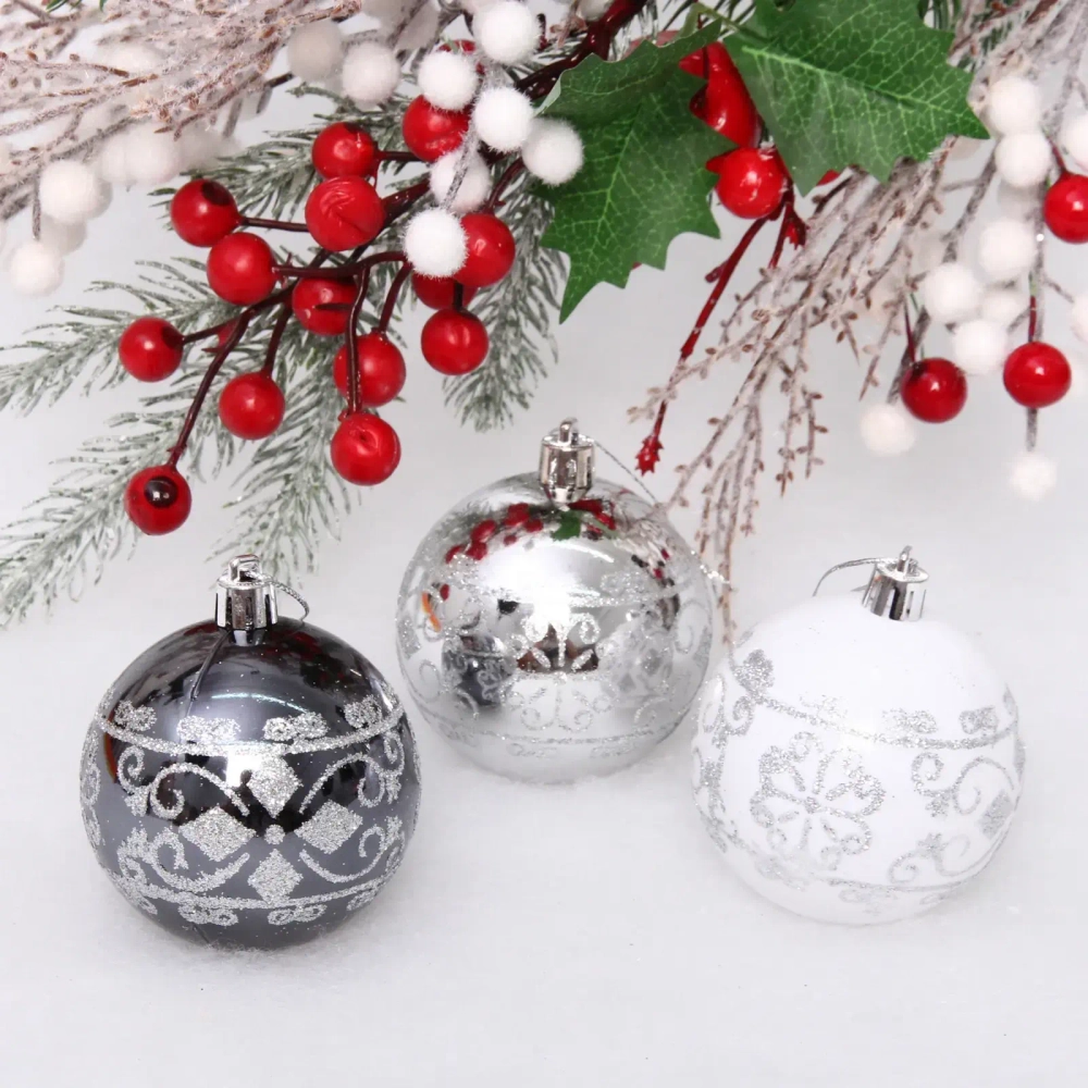 Новогодние шары 7см (набор 3шт) «Ажур», белый/серебро/графит