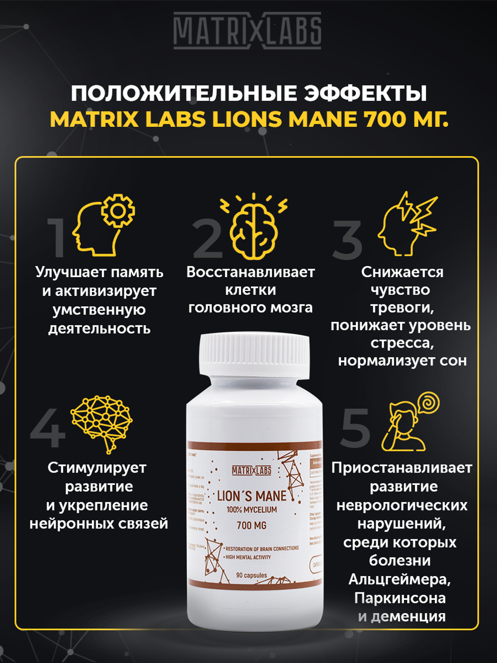 Matrix Labs Lions Mane Ежовик Гребенчатый (Мицелий) 700 мг. (90 капс.)
