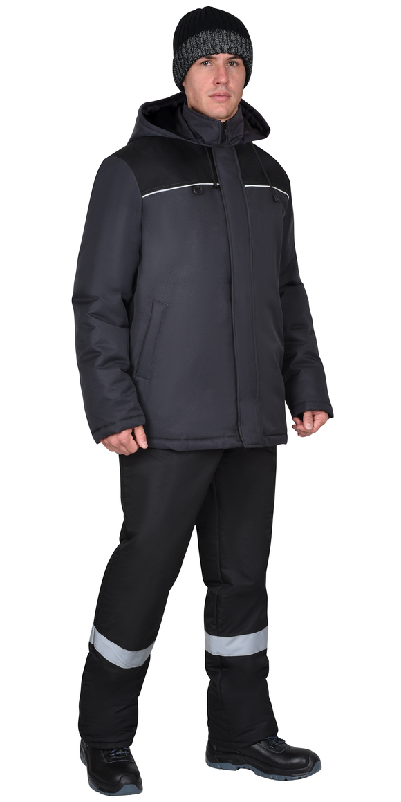 Куртка СИРИУС-МАСТЕР-М зимняя, тёмно-серая с чёрным и СВ кантом, с флисовым воротником и капюшоном