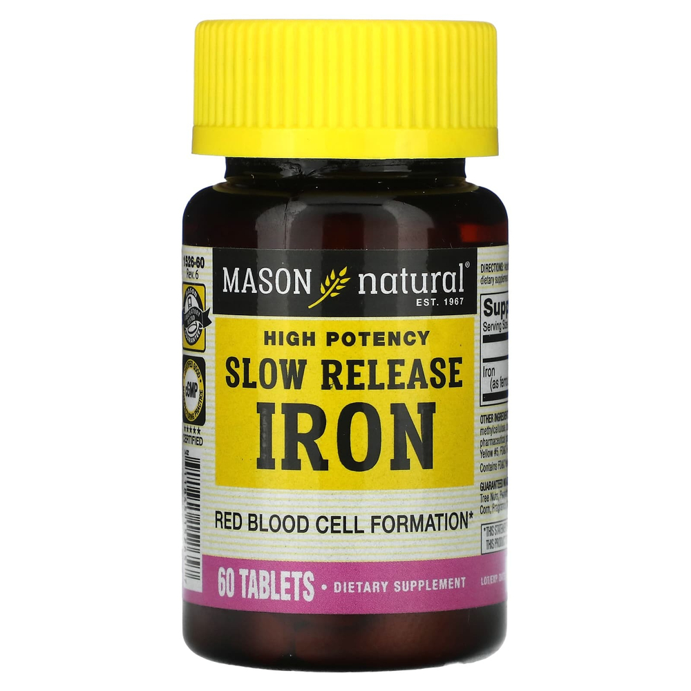 Mason Natural, медленное высвобождение железа, высокая эффективность, 60 таблеток (50 мг в 1 таблетке)
