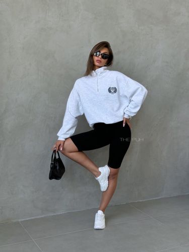 Меланжевый серый хлопковый свитшот с воротом на молнии