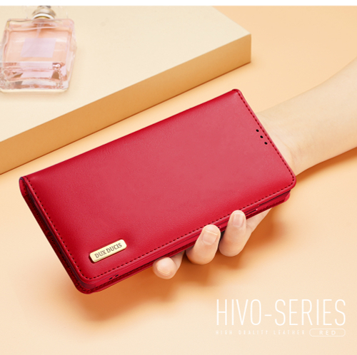 Чехол книжка из натуральной кожи красного цвета с защитой RFID для Samsung Galaxy S25 Ultra, Dux Ducis, серия Hivo Series Case