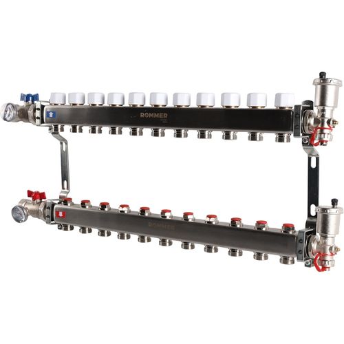 Коллектор Rommer 1"x3/4" на 11 контуров с запорными клапанами в сборе (нерж. сталь) RMS-3210-000011