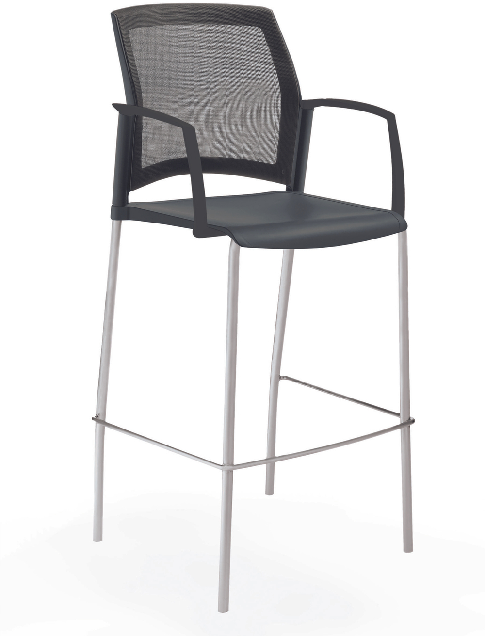 стул Rewind стул барный на 4 ногах, каркас серый, пластик черный, спинка-сетка, с закрытыми подлокотниками