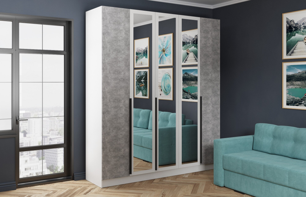 Шкаф Мадрид (2,0)  с 3 ящ. внутри с зеркалом белый/ателье светлое