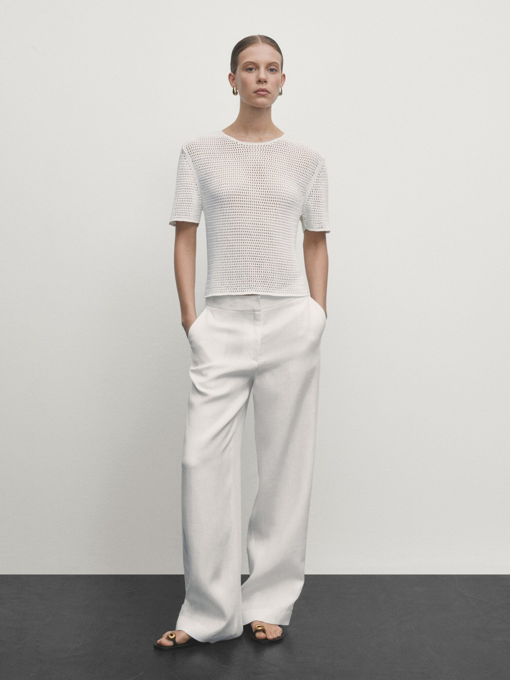 Massimo Dutti Перфорированный свитер с короткими рукавами, натуральный, кремовый