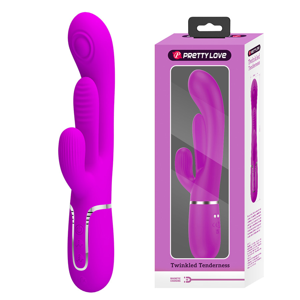 Розовый вибратор-кролик 22,2см с дополнительным язычком Pretty Love Triple Rabbit Multifuncional Vibrador BW-500041