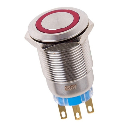 Кнопка антивандальная d19 250V с фиксацией (5с) ON-OFF/OFF-ON подсв/красная Rexant 36-3440