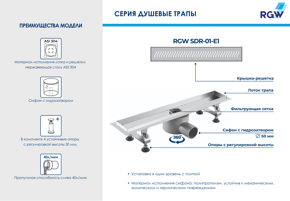 Душевой трап RGW SDR-01-E1 (800)