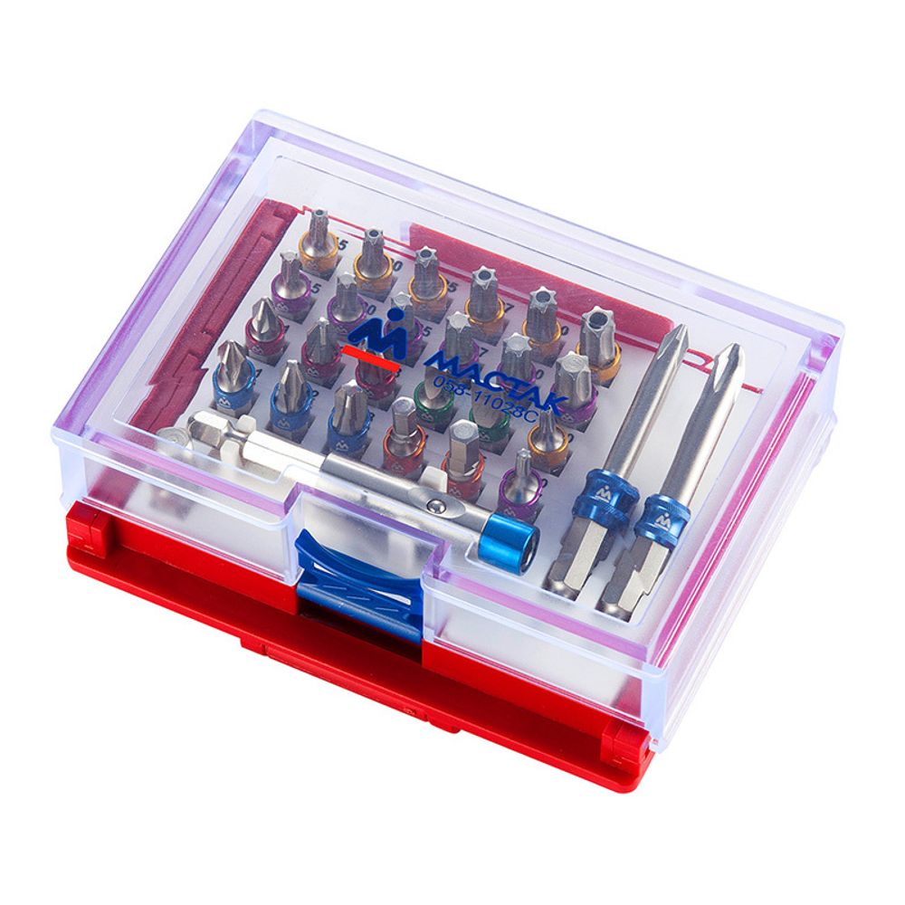 МАСТАК (058-11028C) Набор вставок (бит) 1/4", TORX, HEX, Pozidriv, Phillips, Slotted, 28 предметов