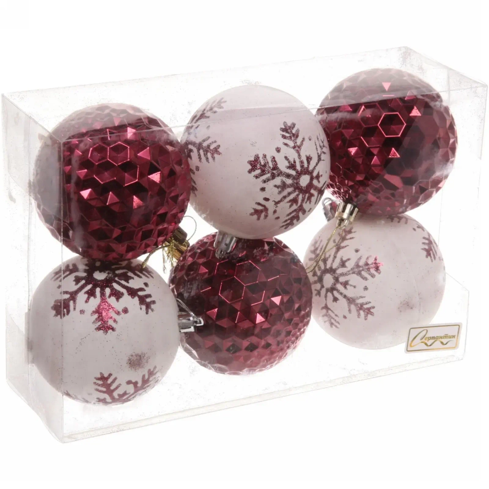 Набор шаров 8 см «Снежное сияние» (в наборе 6 шт), Рубин/Белый
