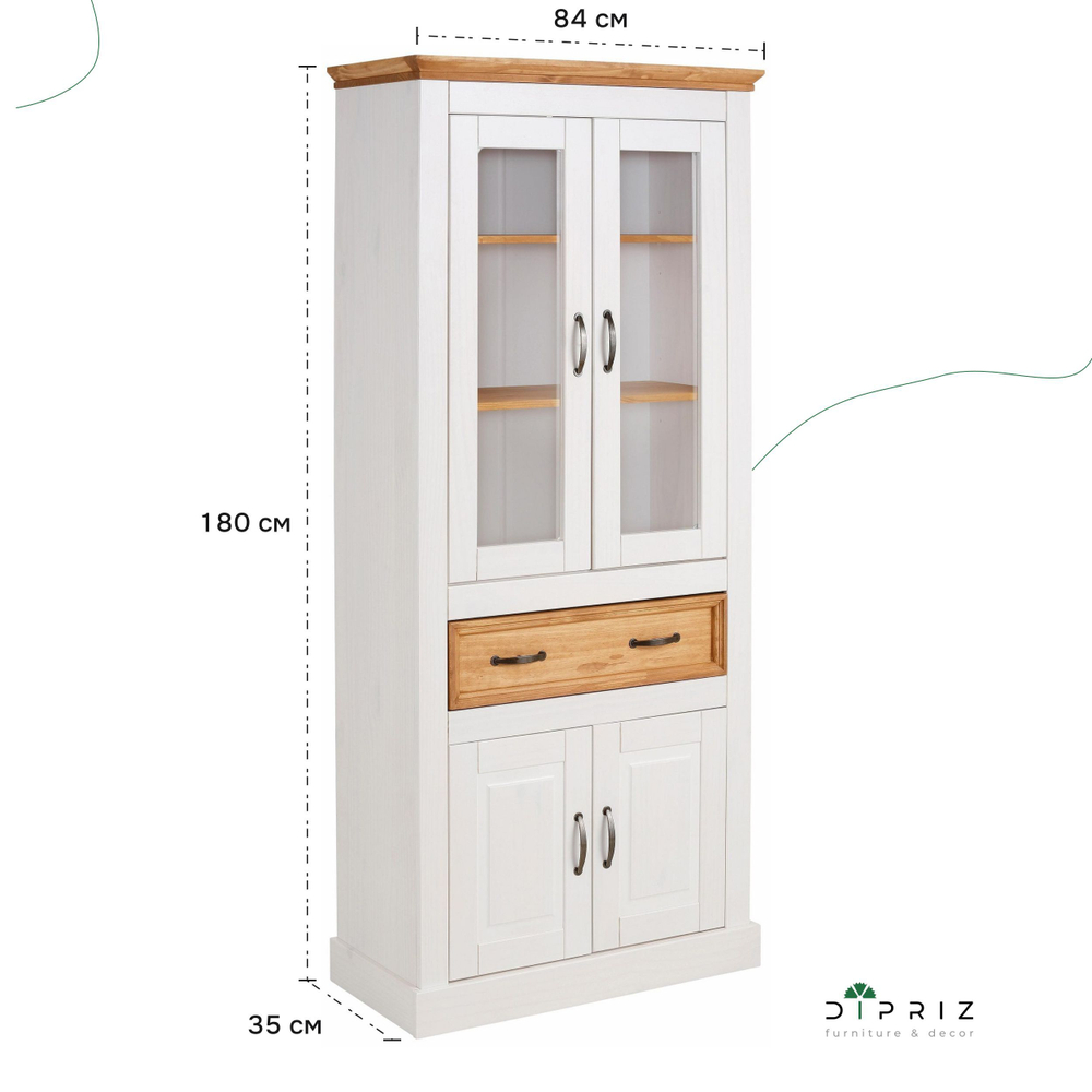 Шкаф-витрина деревянная Ландхаус 180 см, буфет для кухни из массива сосны с 4 дверями и ящиком