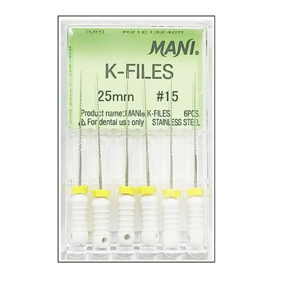 K-Files №15 (25мм) Mani К-Файлы (6шт.) Мани, каналорасширители ручные, эндодонтические