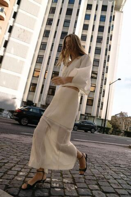 ZARA ПРЯМАЯ КОМБИНИРОВАННАЯ ТРИКОТАЖНАЯ ЮБКА, ЭКРЮ