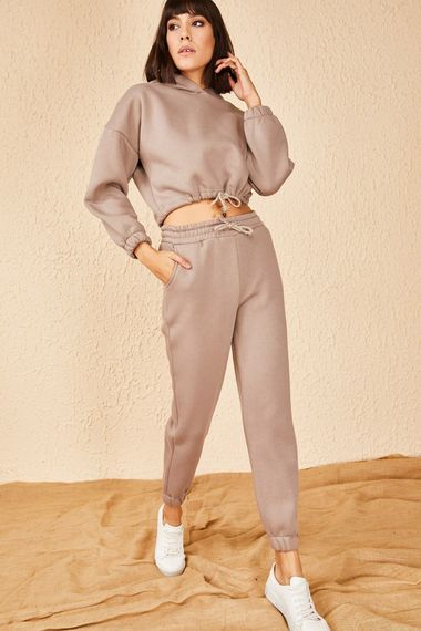 Qadın üçün beli ipli,pambıq, karamel rəng idman dəsti 10171010