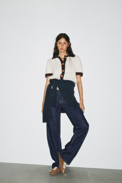 ZARA ТРИКОТАЖНЫЙ КАРДИГАН С КОРОТКИМИ РУКАВАМИ И ДЕКОРАТИВНОЙ СТРОЧКОЙ, ЭКРЮ