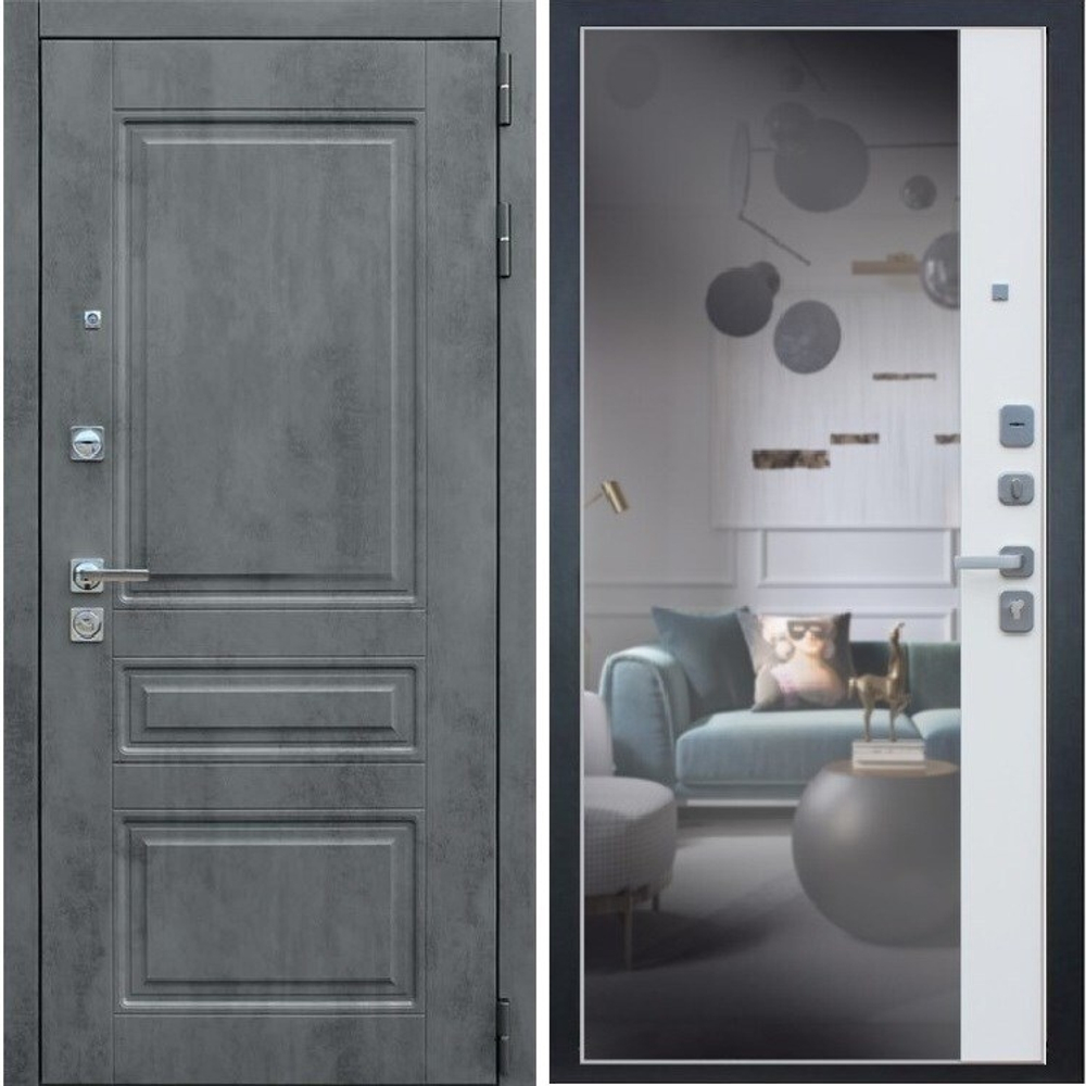 Входная металлическая дверь с зеркалом Лекс New Line Соната Бетон серый (темный)/ зеркало №109 Софт белый снег (матовый, без текстуры)