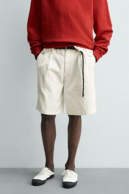 ZARA X AARON LEVINE ШОРТЫ RELAXED FIT С ЗАЩИПАМИ, ЖЕЛТОВАТО-БЕЛЫЙ