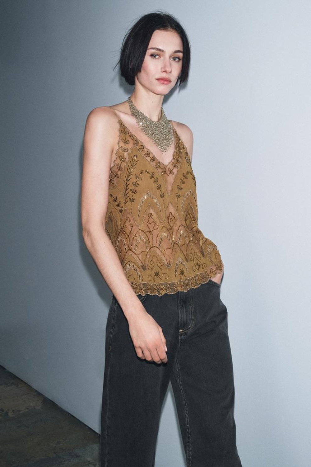 ZARA ТОП С ВЫШИВКОЙ И БУСИНАМИ — ZW COLLECTION LIMITED EDITION, ЗОЛОТОЙ