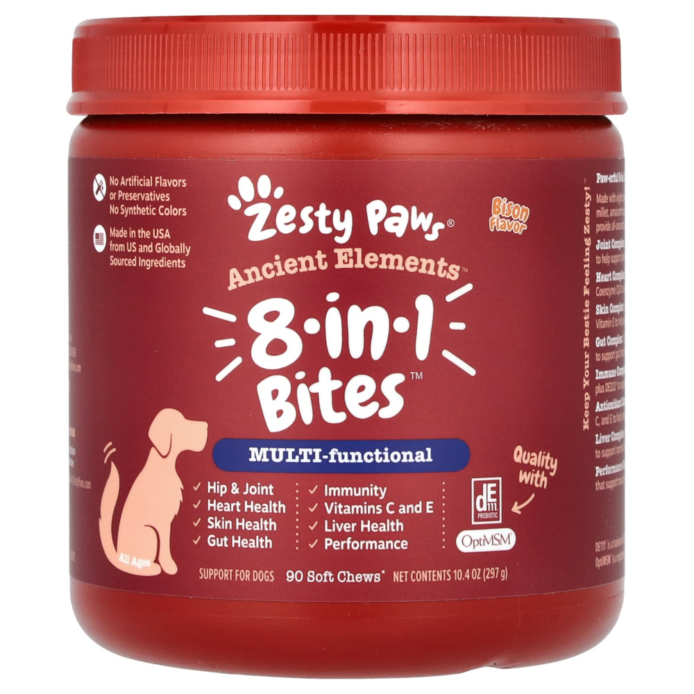 Zesty Paws, Ancient Elements, укусы 8-в-1, для собак, для всех возрастов, зубры, 90 жевательных таблеток, 297 г (10,4 унции)