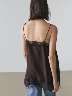 Massimo Dutti Топ в бельевом стиле с контрастной отделкой кружевом, коричневый