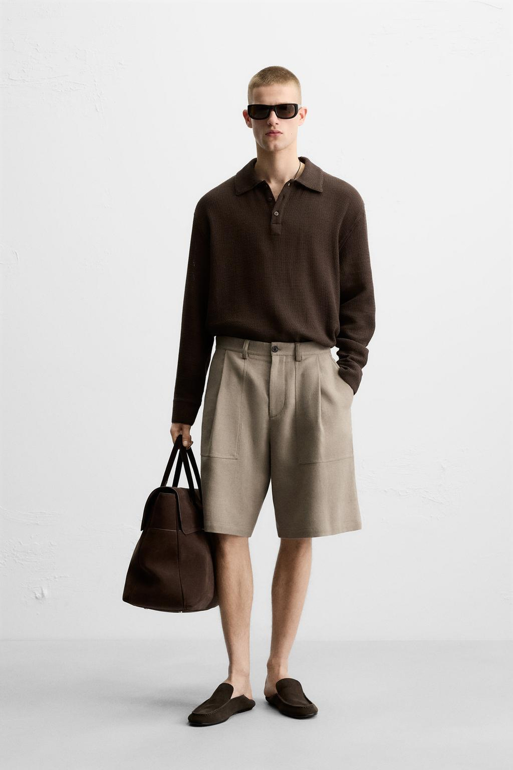 ZARA ПОЛО ИЗ ТКАНИ С РЕЛЬЕФНЫМ УЗОРОМ, ШОКОЛАДНЫЙ