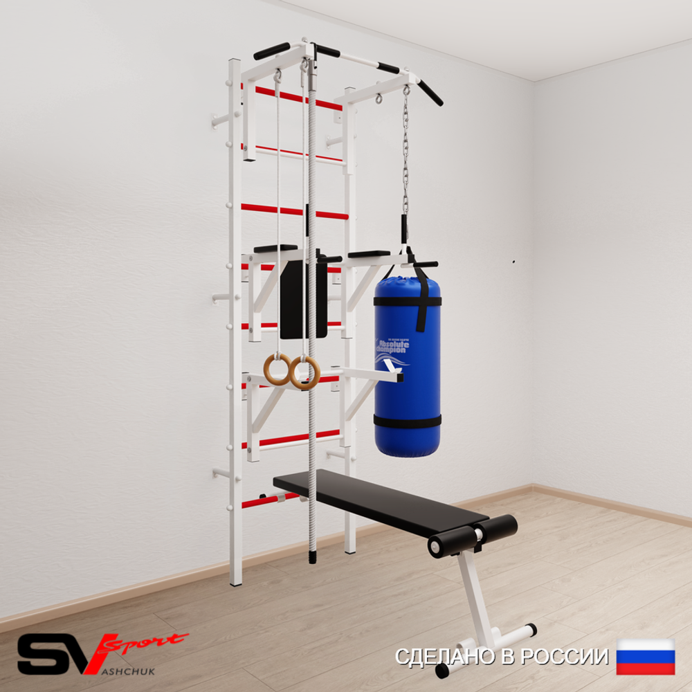 Шведская стенка Sv Sport усиленная 6943 (Турник стандарт/Брусья/Стойка/Скамья/Канат/Кольца/Цепь/Мешок 30кг)