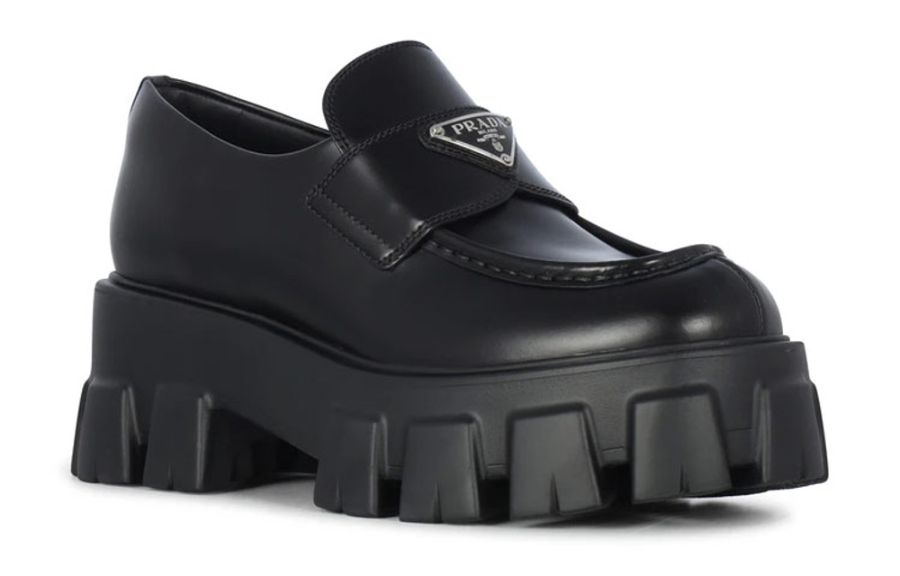 PRADA Brushed Leather Monolith Loafers "Black" Women"s