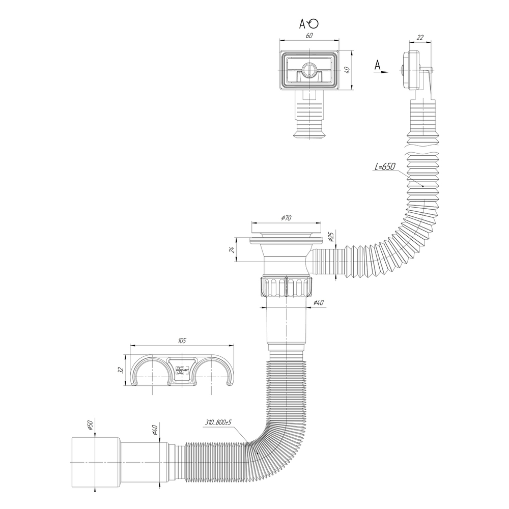 Гофросифон 1 1/2"*40*50 (800мм) GS5080 прямоуг. перелив, ИНКОПЛАСТ (винт М6*60 и М6*30)