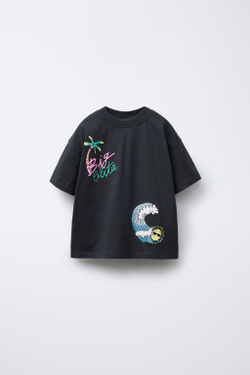 ZARA ФУТБОЛКА С ПРИНТОМ «СЕРФИНГ», ЧЕРНЫЙ