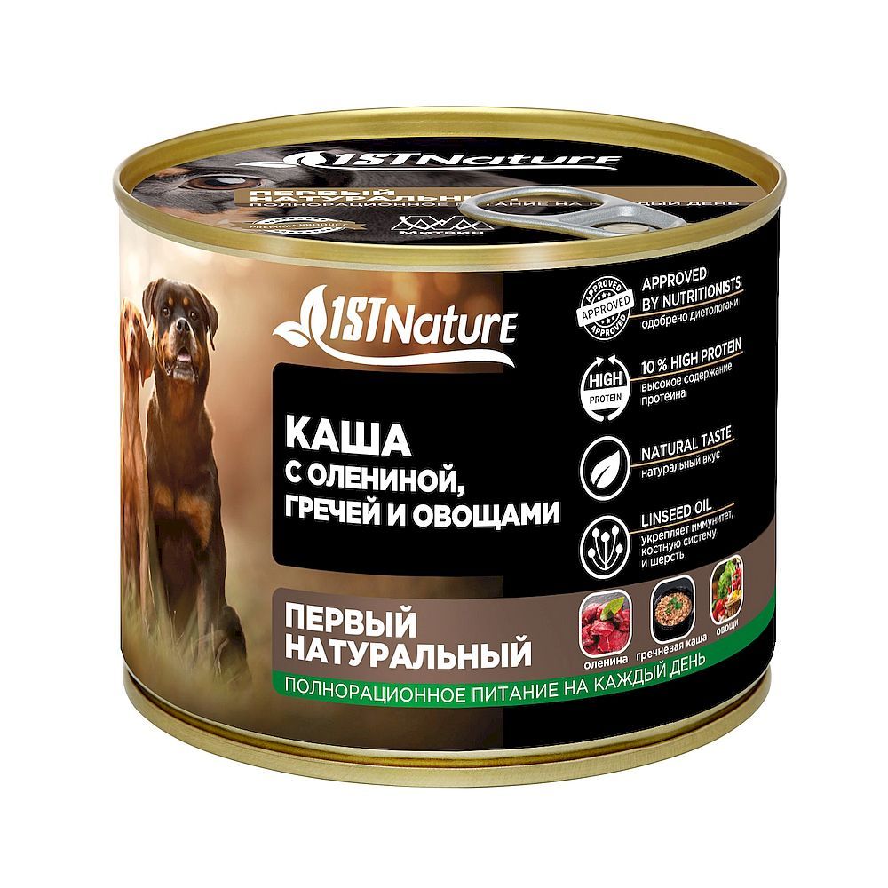Влажный корм для собак 1STNature Каша с олениной, гречей и овощами, Банка 525 г Влажный корм для собак 1STNature Каша с олениной, гречей и овощами, Банка 525 г