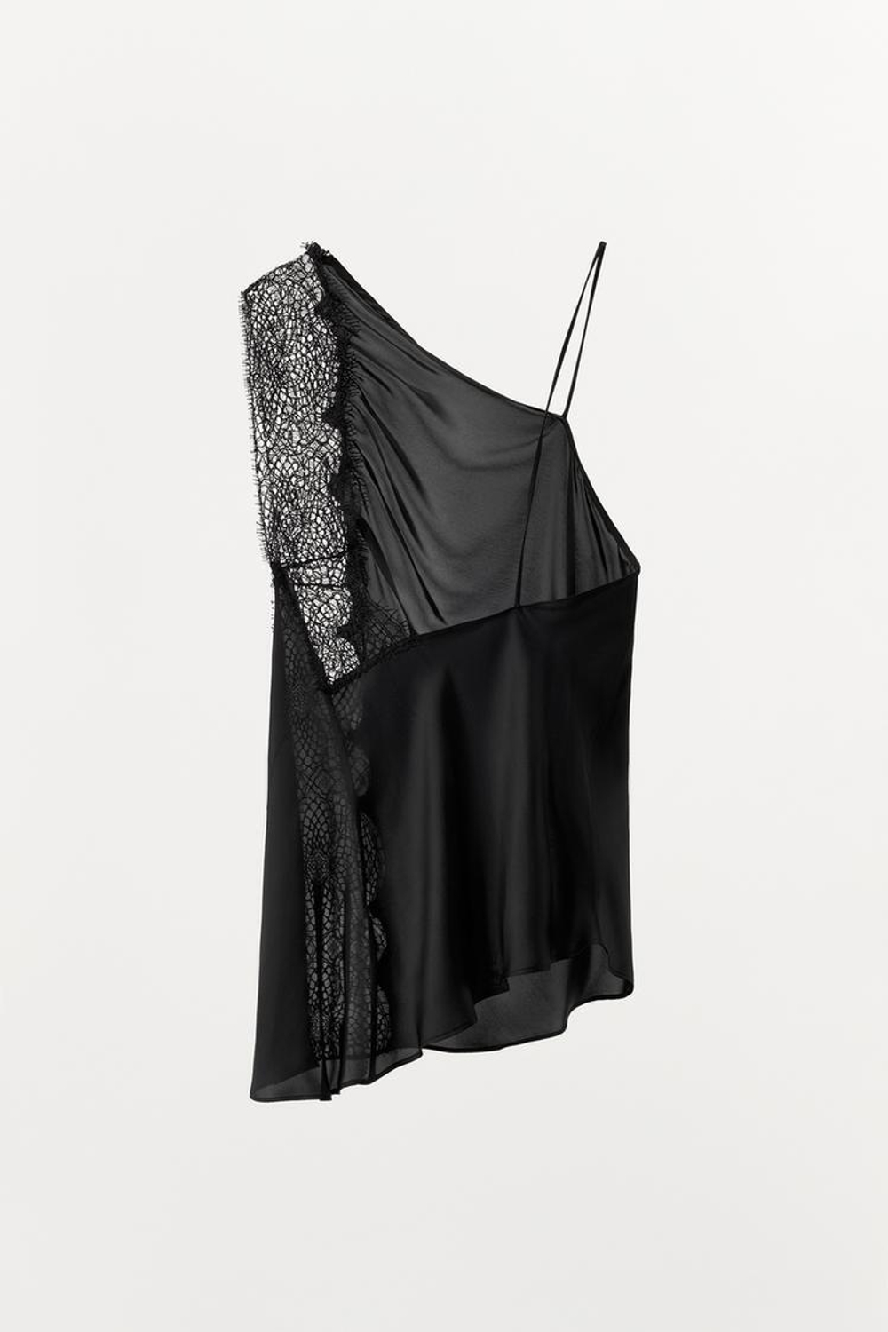 ZARA АТЛАСНЫЙ ТОП АСИММЕТРИЧНОГО КРОЯ С КРУЖЕВОМ, ЧЕРНЫЙ
