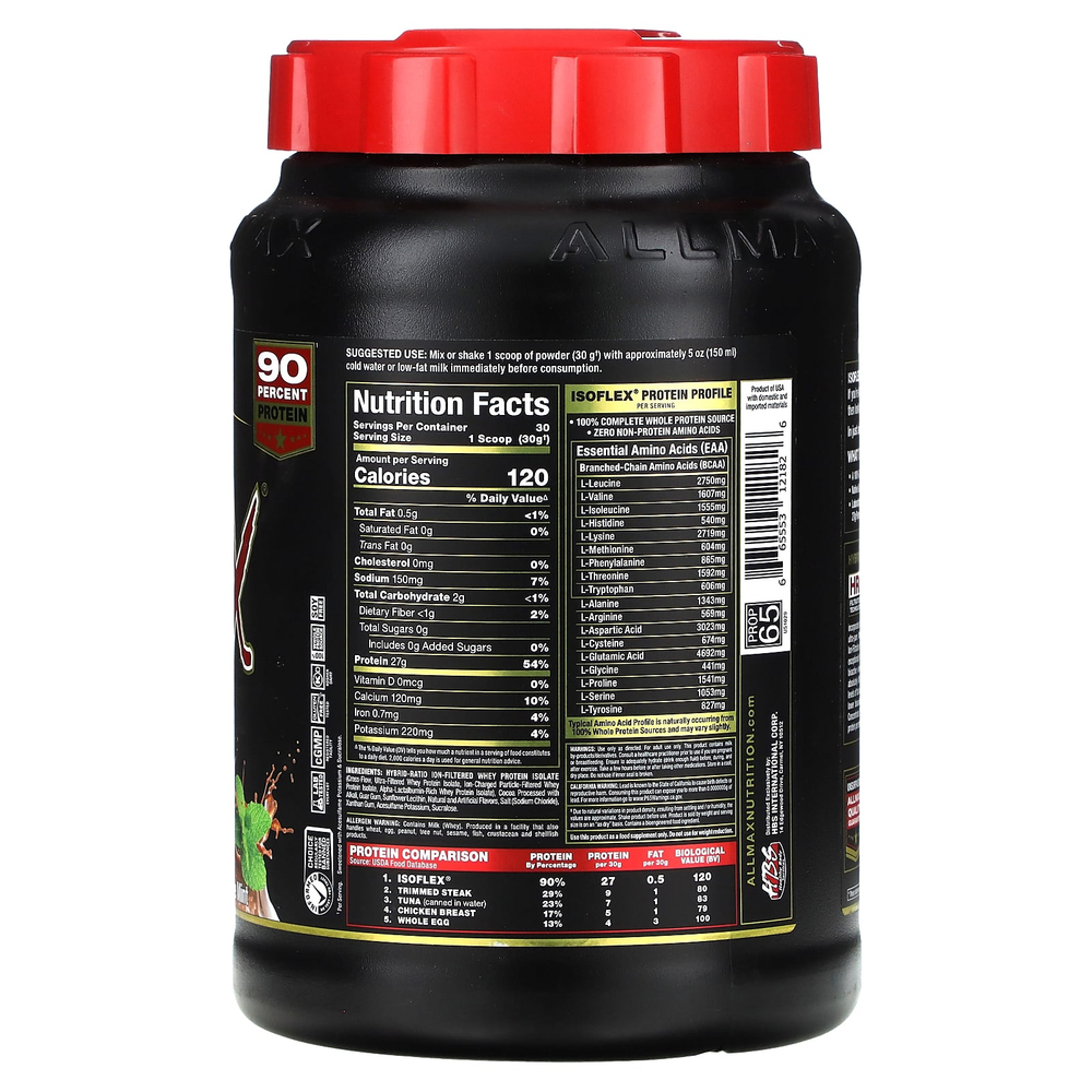 ALLMAX, ISOFLEX®, чистый изолят сывороточного протеина, со вкусом шоколада и мяты, 908 г (2 фунта)