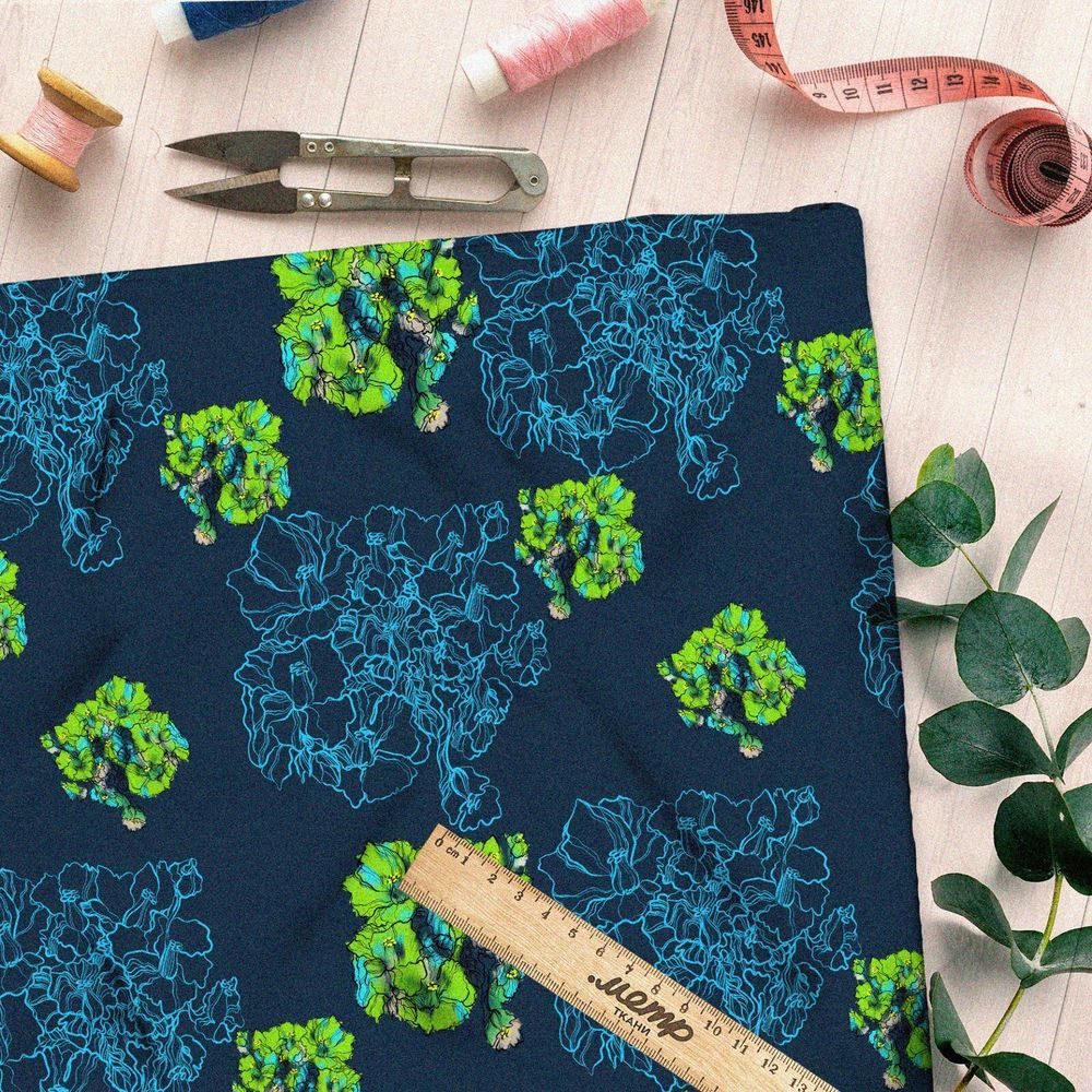 Ткань шифон зелёные листья цветы