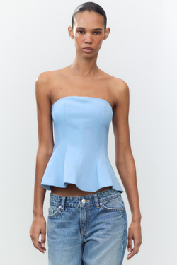 ZARA ТОП С БАСКОЙ И ОТКРЫТЫМИ ПЛЕЧАМИ, СИНИЙ