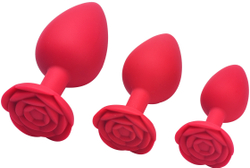 Красная силиконовая анальная пробка с ограничителем в форме розочки (Размер M)