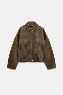 ZARA БОМБЕР ОВЕРСАЙЗ ИЗ ИСКУССТВЕННОЙ ЗАМШИ С КАПЮШОНОМ, ХАКИ