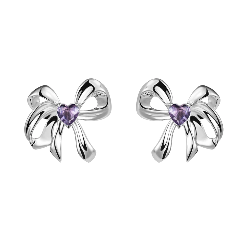 Серьги Фиолетовый Бант-сердце – Серебро