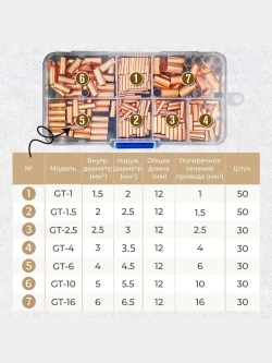 Гильзы обжимные медные для проводов, набор 250 шт, соединительные, (для опрессовки)