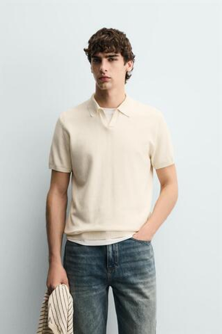 ZARA ПОЛО ИЗ РЕЛЬЕФНОГО ТРИКОТАЖА, ЖЕЛТОВАТО-БЕЛЫЙ